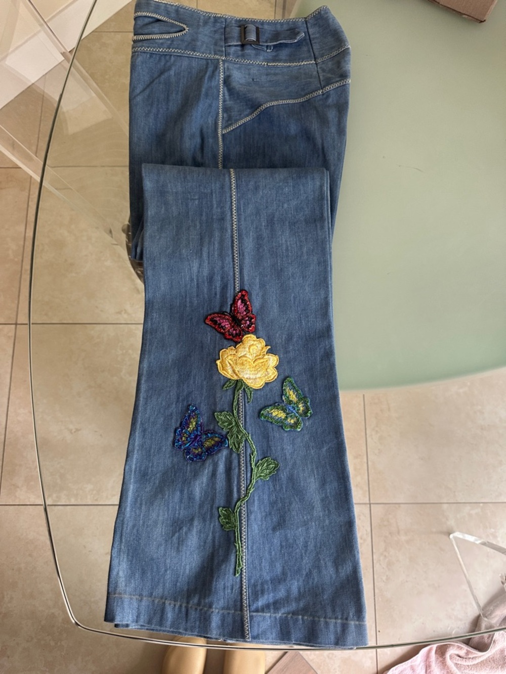 1970s Faded Glory Wide Leg Jeans Embroidered / Sequined Butterflies & Flowers - Picture 6 of 15